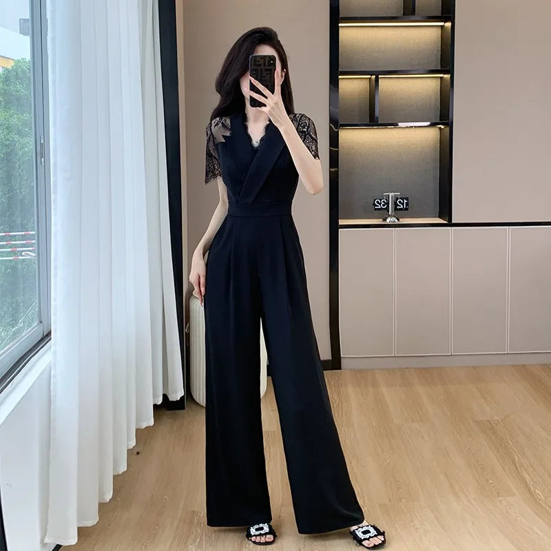 V-neck Solid Office Jumpsuit Women Elegant High Waist Wide Leg Pants Overall 2025 Fashion Slim Hollow Solid Color Romper.
