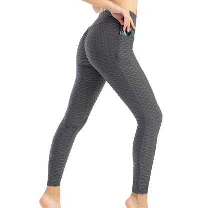 Women Fashion Pocket Bubble Pants Stretchy Slim Leggings Gym Running Cycling Fitness Pants High Waist Hip Lift Leggings Female.