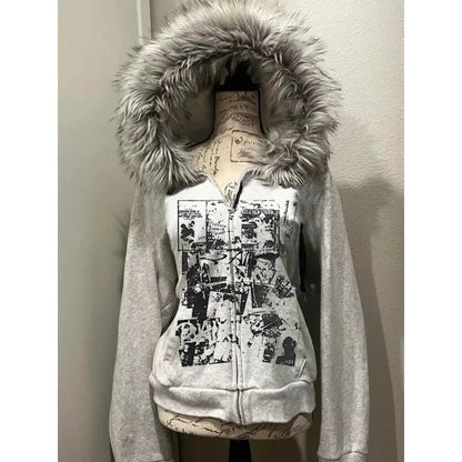 Vintage Sweatshirts 2025 Women's Clothes White Print Tunic Hooded Y2k Coat Streetwear Fashion Casual Hoodies Tops Ropa Mujer.