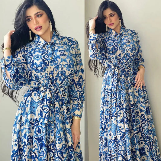 Eid mubarak abaya kleid dubai muslimische frauen drucken blaue hijab kleider truthahn islamische kleidung kaftan marocain vestido musulmane