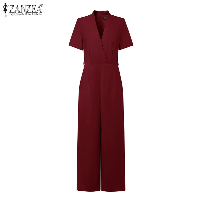 ZANZEA Street Fashion High Waist Jumpsuits Women Workwear Belt Rompers Solid Deep V Neck Elegant Office Lady Long Overalls.