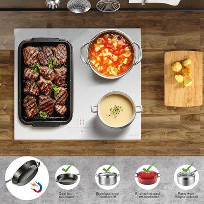 NOXTON White/Black Induction Hob Plug in, (UK:2800W/EU:3500W) 4 Zones with 1 Grill Zone, 60CM Touch, Safety Lock,Ceramic Glass.