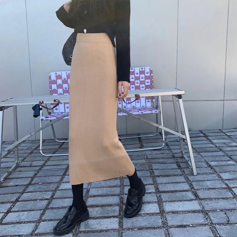Temperament Black Slim Fit Long Skirt Women High Waist Knitted Straight One-Step Skirt Korean Fashion Office Lady Pencil Skirts.