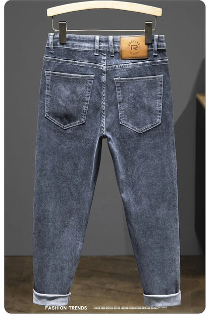 2024 New Spring Autumn Men's Nine-Point Pants Slim Jeans Fashion Casual Denim Trousers Smoke Gray Blue Gray Brand Clothing.