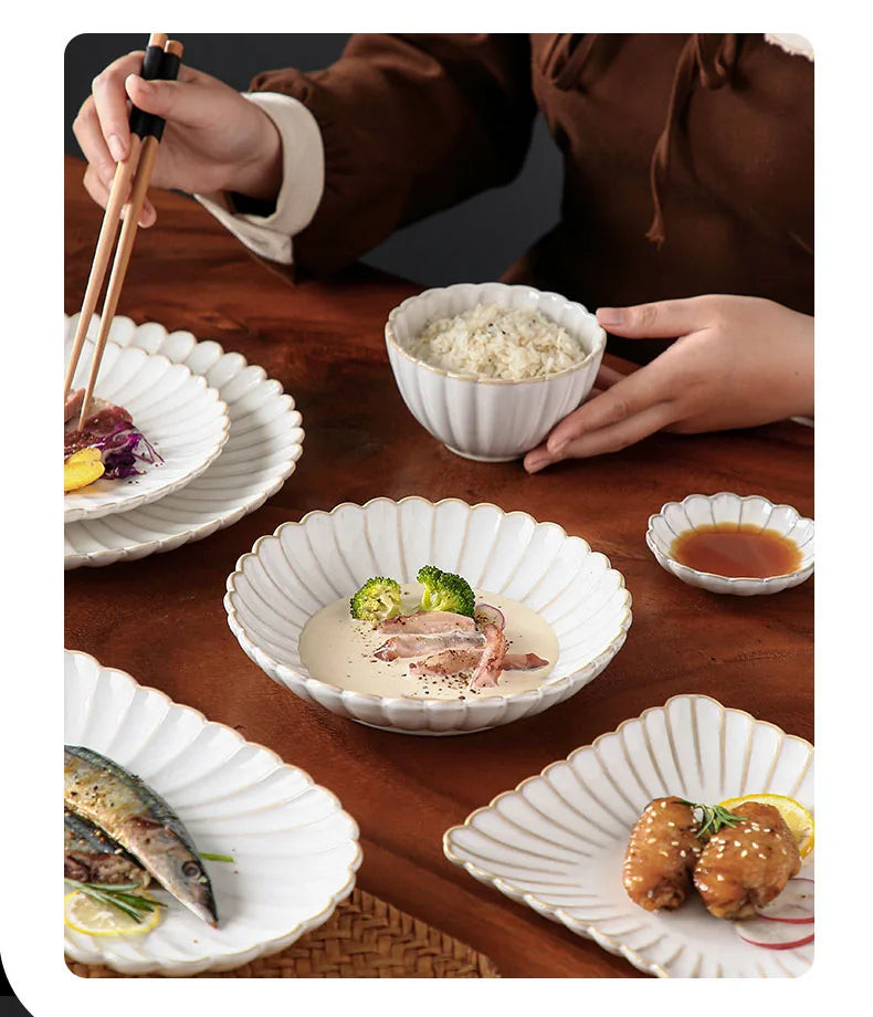 1pcs Retro Ceramic Dishes Plates Fish Dish Plates Manual Flower Relief Living Room Dinner Plate Kitchen Fruit Salad Dish Bowl.