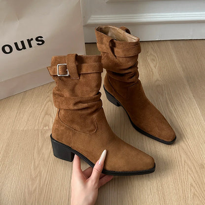 Autumn Winter Suede Pointed Toe Women Ankle Boots Fashion Slip On Thick Heel Shoes Ladies Elegant Slim Short Booties