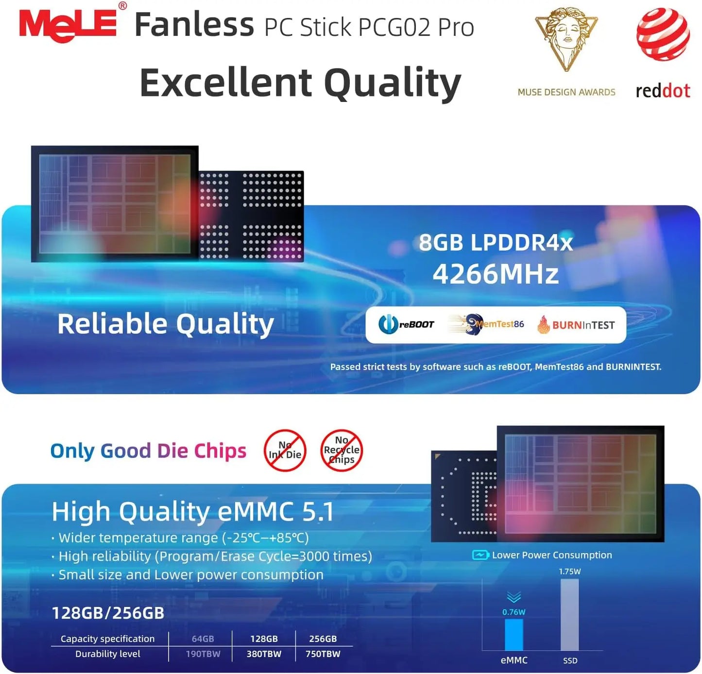 MeLE PCG02 Pro Fanless MINI PC Stick N100 8G 256G Mini Computer Dual HDMI,4266MHz LPDDR4,WiFi5 Gigabit Ethernet,USB Type-C PD3.0.