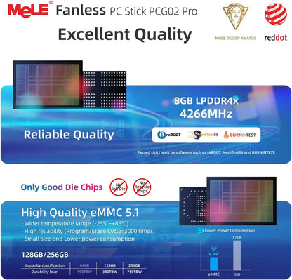 MeLE PCG02 Pro Fanless MINI PC Stick N100 8G 256G Mini Computer Dual HDMI,4266MHz LPDDR4,WiFi5 Gigabit Ethernet,USB Type-C PD3.0.