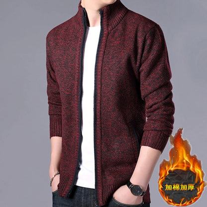 New Men's Casual High Collar Long Sleeve Knitted Top with Velvet Warmth for Autumn and Winter Fashion Multi Functional Jacket.