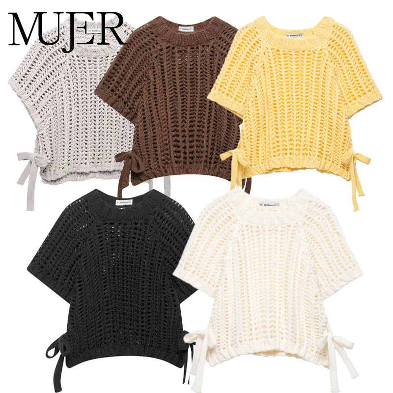 MUJER 2025 Stricken Crop Tops Frau Kurzarm Pullover Gestrickte Kurze Pullover für Frauen Gebunden Strickwaren Mode Damen Pullover.