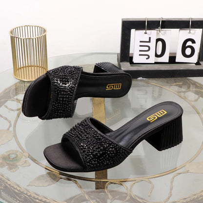 High-heeled slippers 2024 summer fashion new thick with square head luxurious ladies slippers coarse heel 6CM.