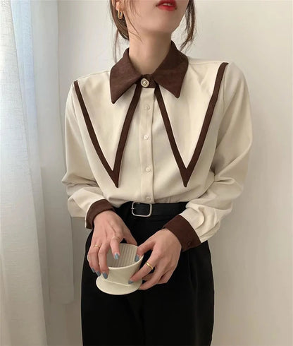 MEXZT Vintage Chiffon Shirts Women Elegant Patchwork Long Sleeve Blouses Office Lady Korean Black Turn Down Collar Casual Tops.