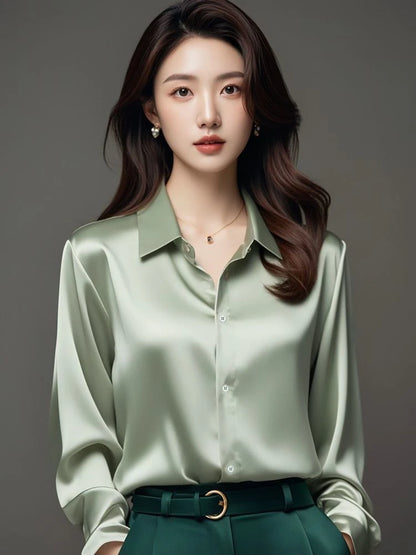 Elegant Silk Office Shirts Women Korean Fashion Y2k Clothes Slim Long Sleeve White Black Blusas Mujer Workwear Tops and Blouses.