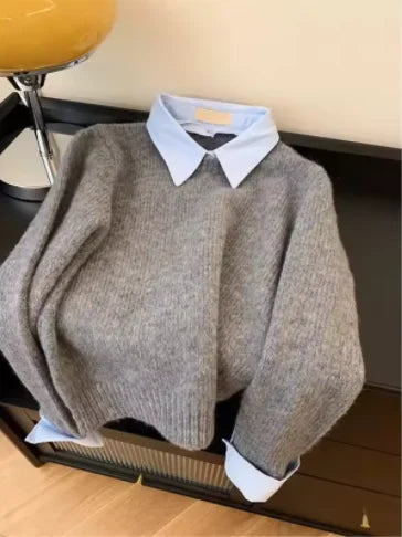 Gefälschte Zwei Shirts Kragen Pullover frauen Herbst Outfit Neue Lazy Linterior Kontrast Farbe Grau Stricken Pullover Top Mit Flip kragen