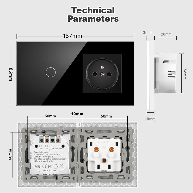 JHJCH Touch Lichtschalter Frankreich Steckdosen USB C Telefon Ladung Kristallglas 1/2/3Gang Wandschalter Doppelsteckdosen Schwarz.