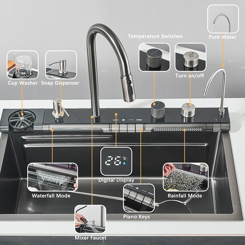 304 Stainless Steel  Multifunctional Kitchen Sink Faucet Set Rainfall Spout Pull Out Sprayer Pure Tap Cold Hot Water Mixer