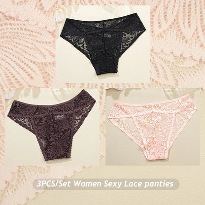 3PCS/Set Women Lace Panties Sexy Low Riase Elastic Brifes Solid Color Perspective Breathable Underwear Ladeis Sexy Lingerie