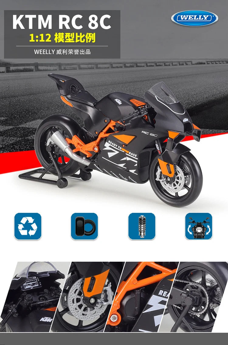 Welly 1:12 KTM RC 8C Alloy Road Racing Motorcycle Model Diecast Metal Street Sports Cross-country Motorcycle Model Children Gift.