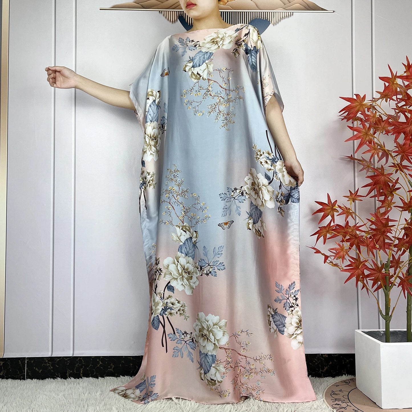 2024 New Dubai Summer Fashion For Women Printed Silk Soft Loose Femme Robe African Islam Maxi Woman Casual Dresses With Turban