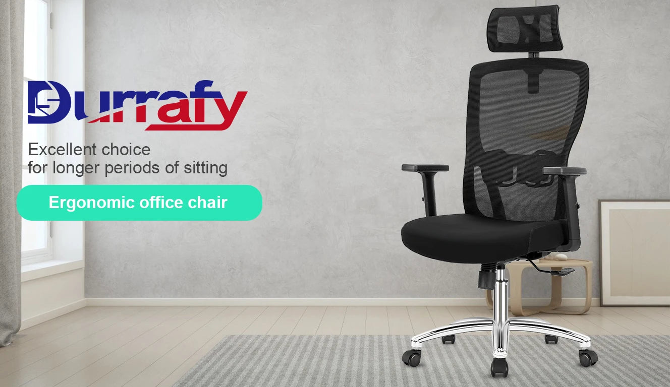 Durrafy Ergonomischer Bürostuhl, Schreibtischstuhl mit verstellbarer Kopfstütze, Armlehnen und Lordosenstütze, Netzdrehstühle, Schwarz