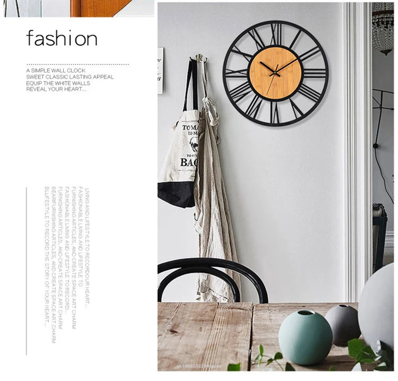 3D Große Wanduhren Nordic Römischen Ziffern Retro Runde Holz Metall Eisen Genaue Stille Hängende Ornament Wohnzimmer Dekoration