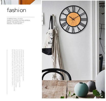 3D Große Wanduhren Nordic Römischen Ziffern Retro Runde Holz Metall Eisen Genaue Stille Hängende Ornament Wohnzimmer Dekoration