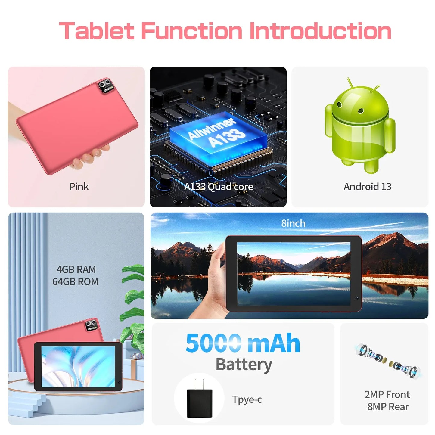 PRITOM 8 Inch Tablet Android 13, 8GB(4+4 Expand) RAM 64GB ROM,1TB Expand,1280x800 IPS Screen 5000MAH Battery,Dual Camera, WiFi.