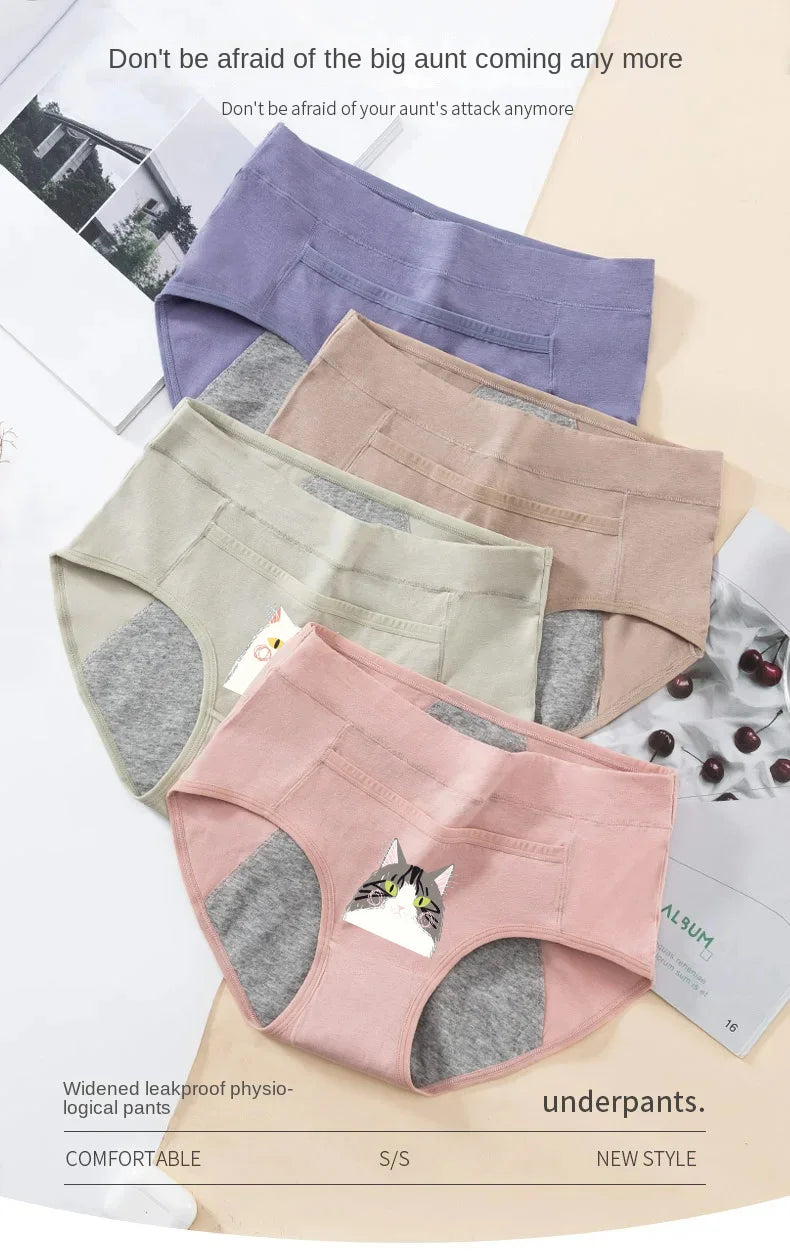 Cotton Menstrual Panties Leak Proof Breathable Cartoon cat Panties Woman Women Girls Physiological Pants Women's Intimates M-XL.