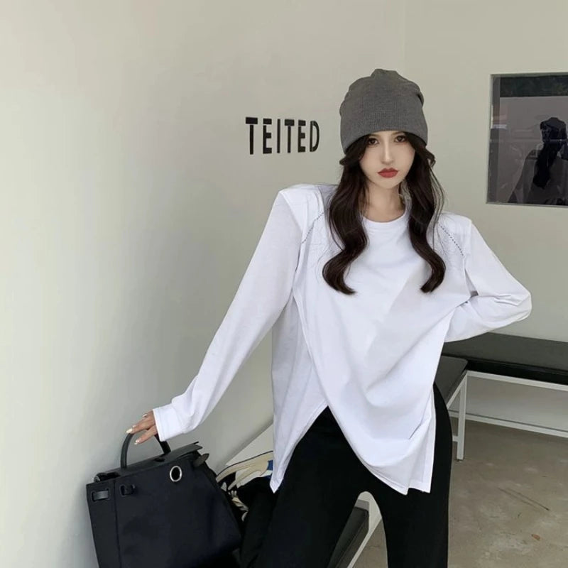 Long Sleeve Slit Hem Loose Lazy Style Tops Spring Autumn Solid Simplicity Street Casual T Shirts Fashion Korean Women Clothing.