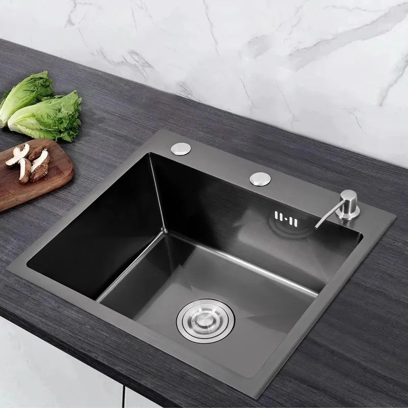 Küchenspüle, integrierte Spüle aus Edelstahl, 50 x 45 cm, Wasserhahn, Küchenspüle mit Seifenspender und Abtropfbrett, Gartenspüle