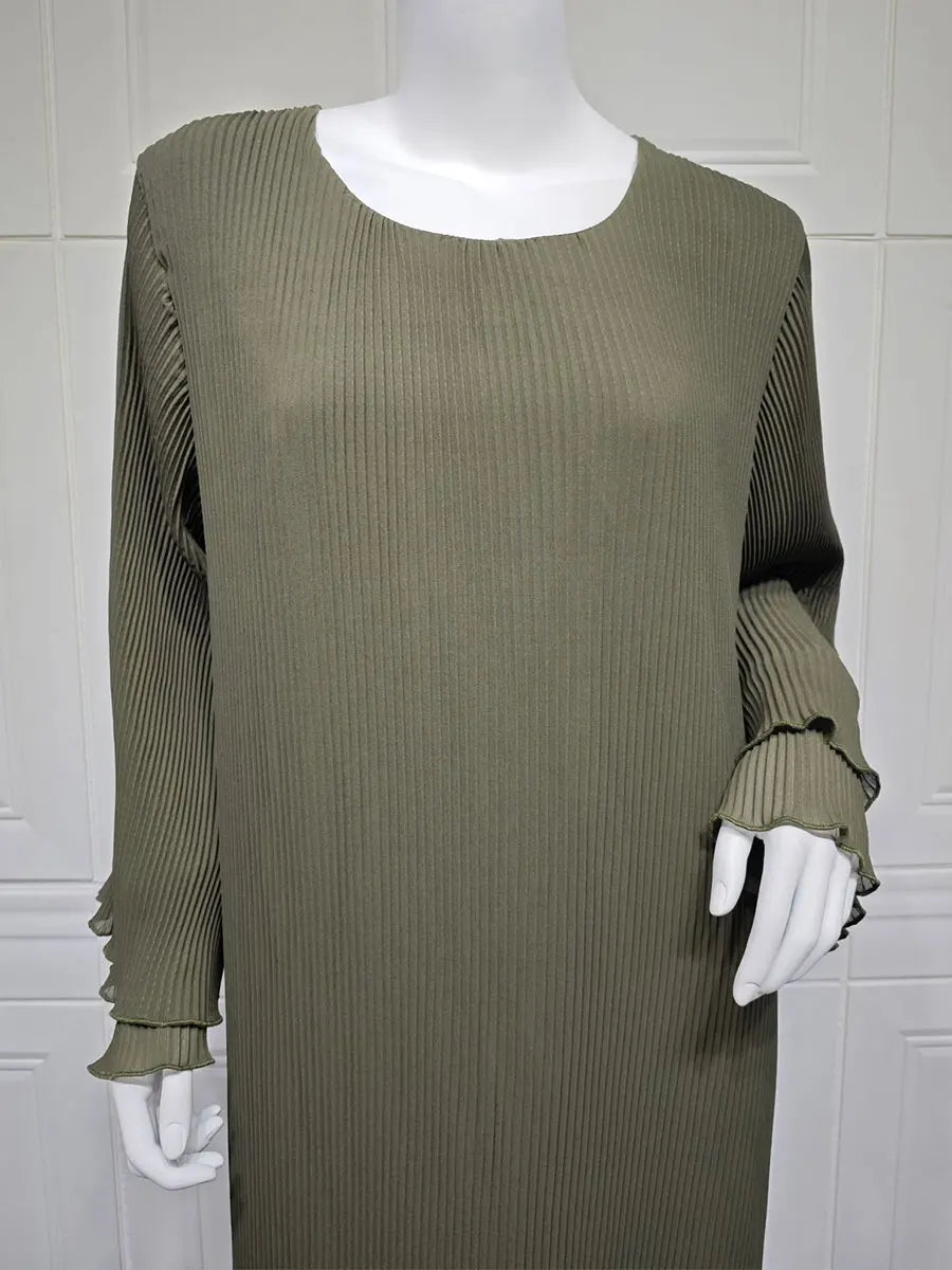 Siskakia Ramadan-Muslim Solid Wrinkle Dresses For Women's Dubai  Moroccan Petal Sleeve Abayas O-Neck Elegant Kebaya 2024.