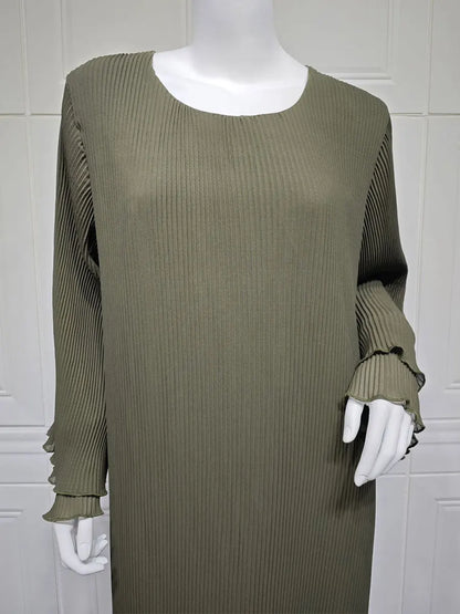 Siskakia Ramadan-Muslim Solid Wrinkle Dresses For Women's Dubai  Moroccan Petal Sleeve Abayas O-Neck Elegant Kebaya 2024.