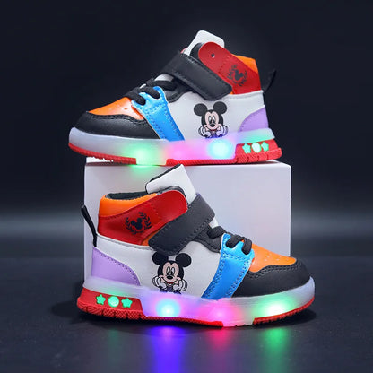 Disney Girls' Causla Shoes PU Leather Mickey Mouse LED Luminescent Children's Sneaker 1-6 Year Old Boys' Sports Casual Shoes