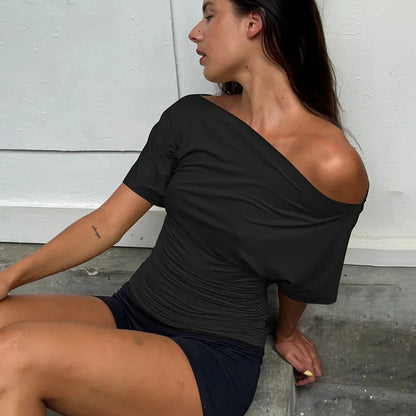 Cryptographic One Shoulder Ruched Asymmetrical Tops for Women Outfits Sexy Short Sleeve Casual Tops Slim T-shirts Summer Clothes