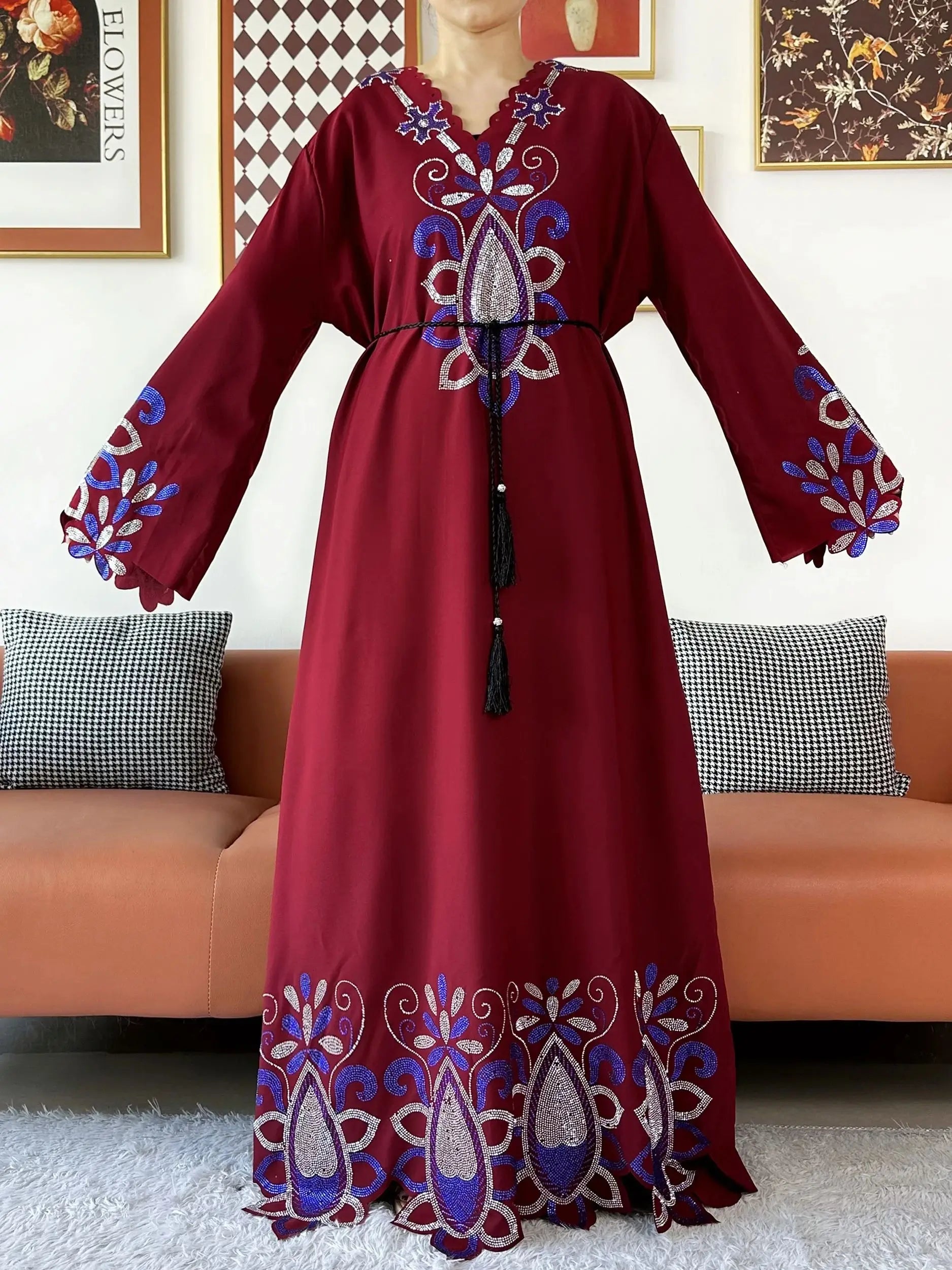 New 2025 Muslim Party Women Abaya Chiffon Diamond Long Sleeve Casual Clothing African Abaya Women Robe Dubai Turkey Islamic Robe.