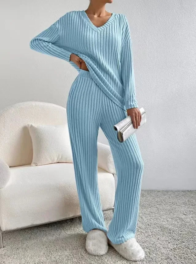 Women's Pajamas Autumn Winter New Casual Straight Pants Pullover Sleepwear Loose V Neck Knitted Home Wear Two Piece Loungewear.