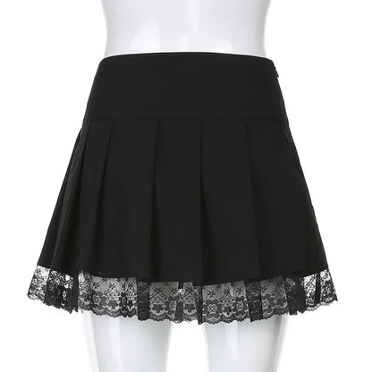 Girl Retro Pleated Skirt Lace Up High Waist Plaid Mesh Stitching Hem Y2K Aesthetic Gothic Black Mini Skirts Bodycon.