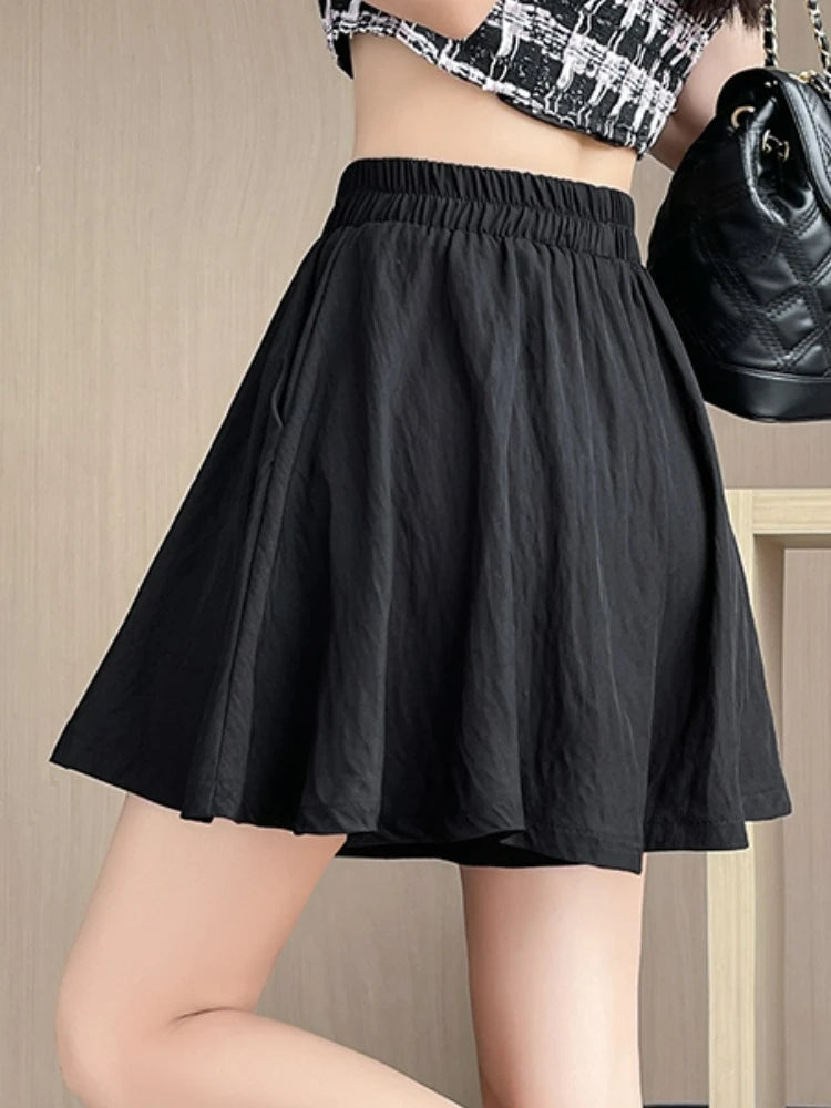 Women Quick Dry Sporty Short Pants Summer Thin Pleated Shorts Skirts High Waist A- Line Five Quarter Pants Cool Wide Leg Pants.