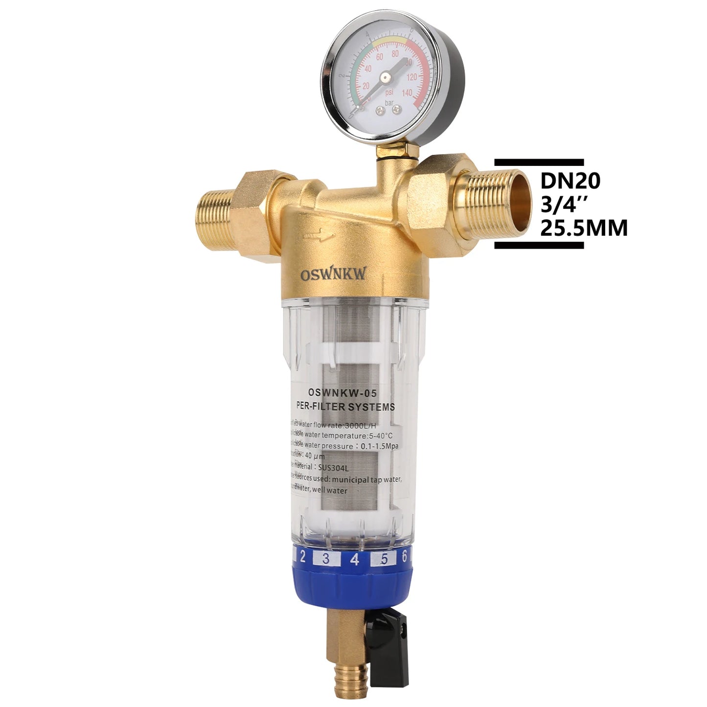 OSWNKW-05 Pre Filter Purifier Whole House Spin Down Sediment Water Filter Central Prefilter System Backwash Stainless Steel Mesh.