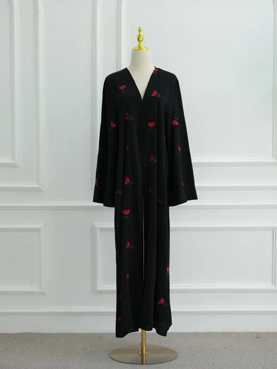 Women Middle East Arabic Dubai Abaya Luxury Rose embroidery Kimono Cardigan Long Dress Modest Robe Femme Islam Clothing Kebaya.