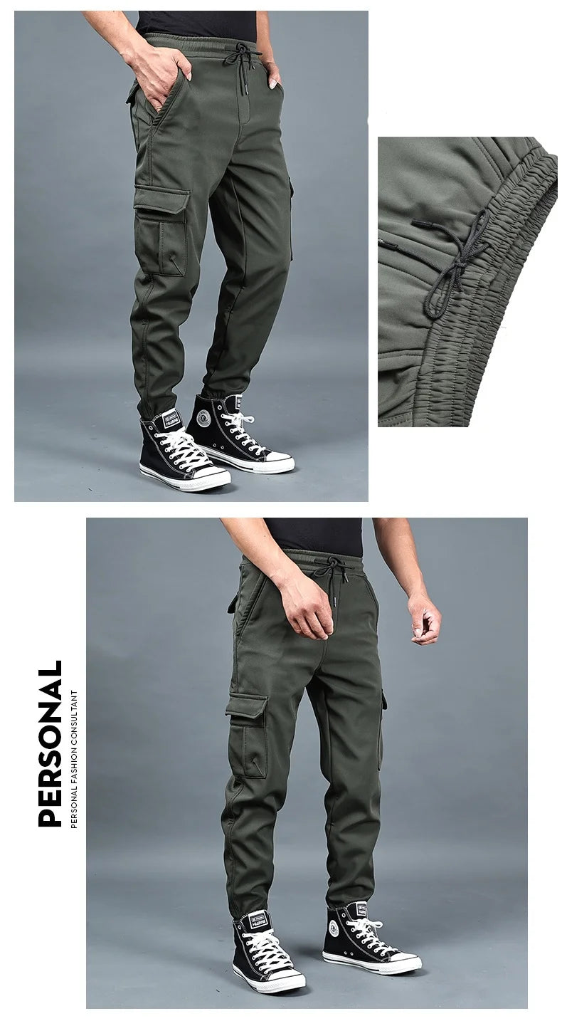 Autumn and winter loose ankle multi pocket work pants for men, winter oversized sports pants, trendy brand with plush and thick.