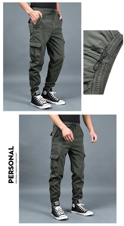Autumn and winter loose ankle multi pocket work pants for men, winter oversized sports pants, trendy brand with plush and thick.