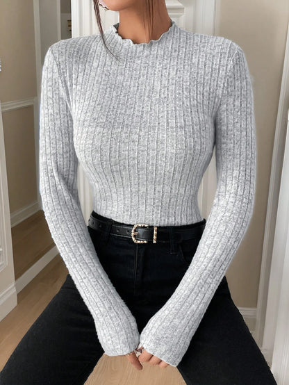 Schwarzes, halbhohes Strick-Basishemd mit Pilzkante, modisches Langarm-Top für Frühling, Herbst und Winter