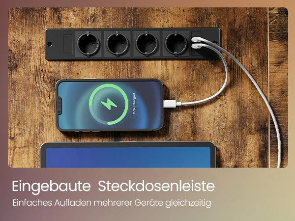 VASAGLE L-förmiger Schreibtisch mit Steckdosen, Eckschreibtisch, Computertisch, Monitorständer, Gaming-Tisch, LED-Beleuchtung