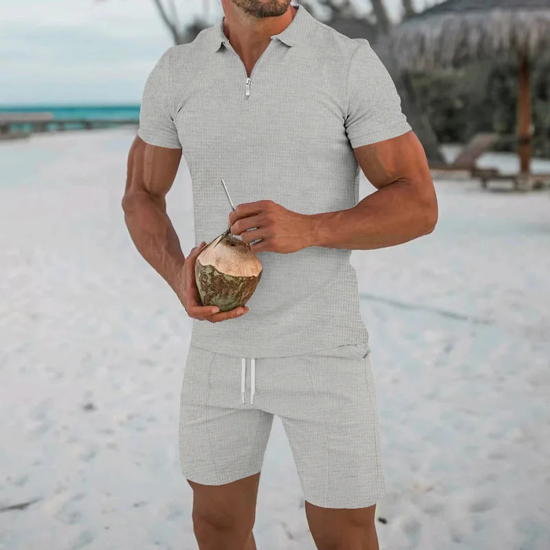 Men's Comfortable Short-Sleeved Waffle Polo Shirt And Shorts Set - Breathable Lightweight Spring/Summer Clothing.