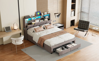 Lazyspace Leinen-Polsterbett, Doppelbettgestell mit Stauraum, Kopfteil und 2 Schubladen, 140/160 x 200 cm, Grau