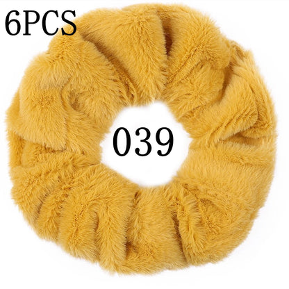 6pc Hair Scrunchies Furry Elastic Band Women Girl Ponytail Holder Rubber Ties Accessories Plush Faux Fur Soft Chiffon Headband