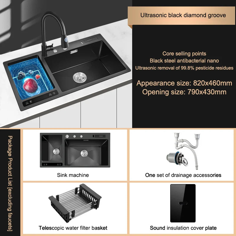 Kitchen Sink Stainless Steel Dishwashing Sink Ultrasonic Sink Dishwasher Multifunctional Intelligent Net Washer For Kitchen