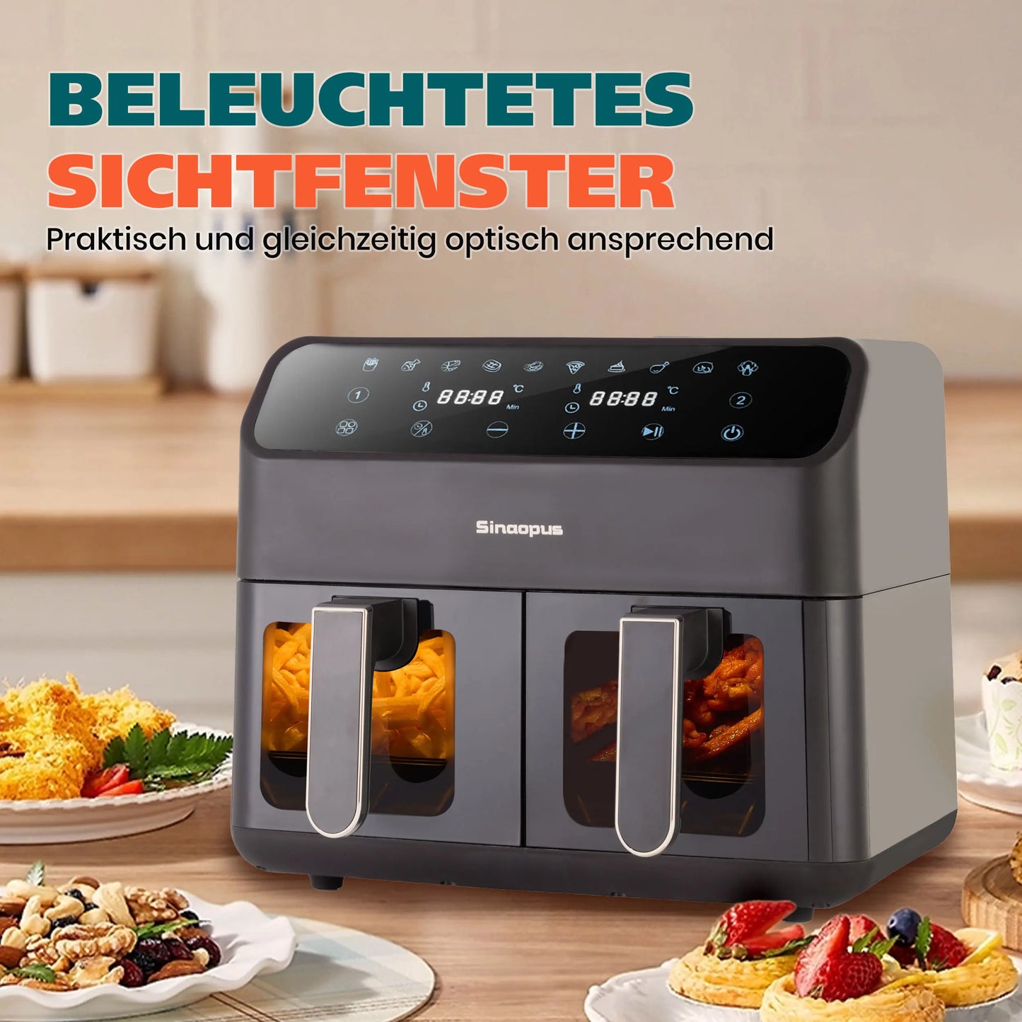 Sinaopus 2000W 9L XXL Hot Air Fryer with Dual Chambers Multi-function LED Touch Screen Timable Oil-Free Cooking Air Fryer.