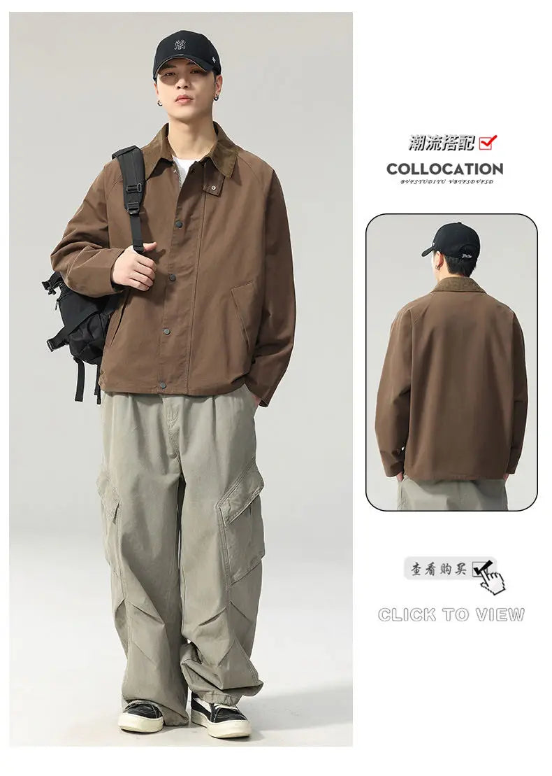 Lapel Jacket Men Spring Autumn Japanese Korean Streetwear Fashion Loose Casual Vintage Cargo Jacket Coat Outerwear.